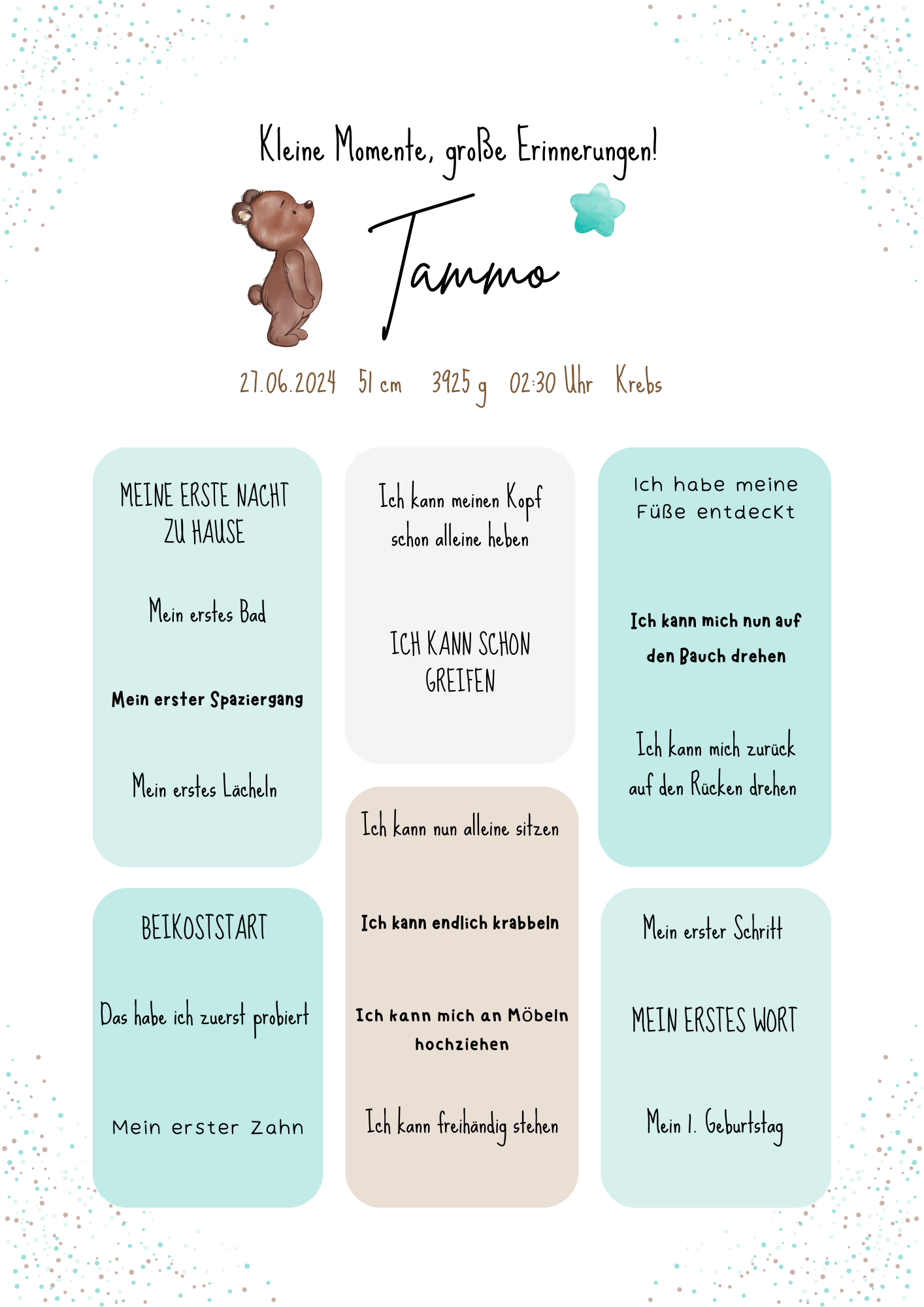 Personalisiertes Meilensteinposter für Babys mit Name, Geburtsdaten und Entwicklungsschritten – liebevoll gestaltetes Geschenk zur Geburt im Bärendesign