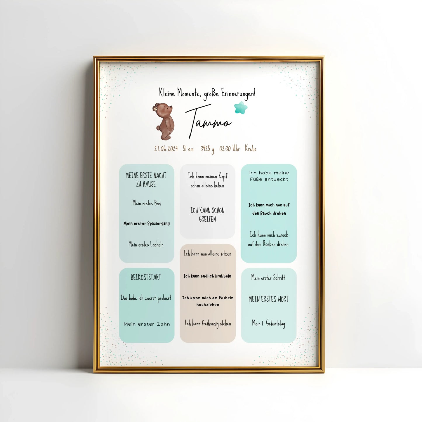 Personalisiertes Meilensteinposter für Babys mit Name, Geburtsdaten und Entwicklungsschritten – liebevoll gestaltetes Geschenk zur Geburt im Bärendesign