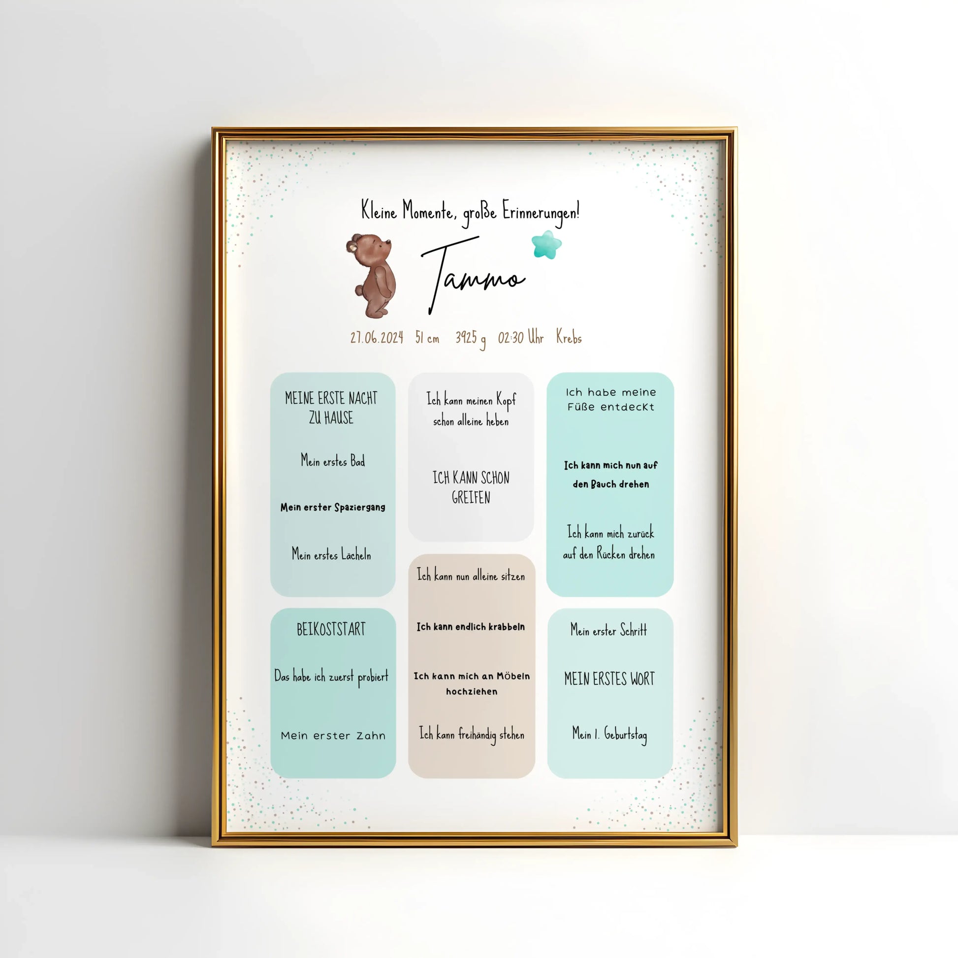Personalisiertes Meilensteinposter für Babys mit Name, Geburtsdaten und Entwicklungsschritten – liebevoll gestaltetes Geschenk zur Geburt im Bärendesign