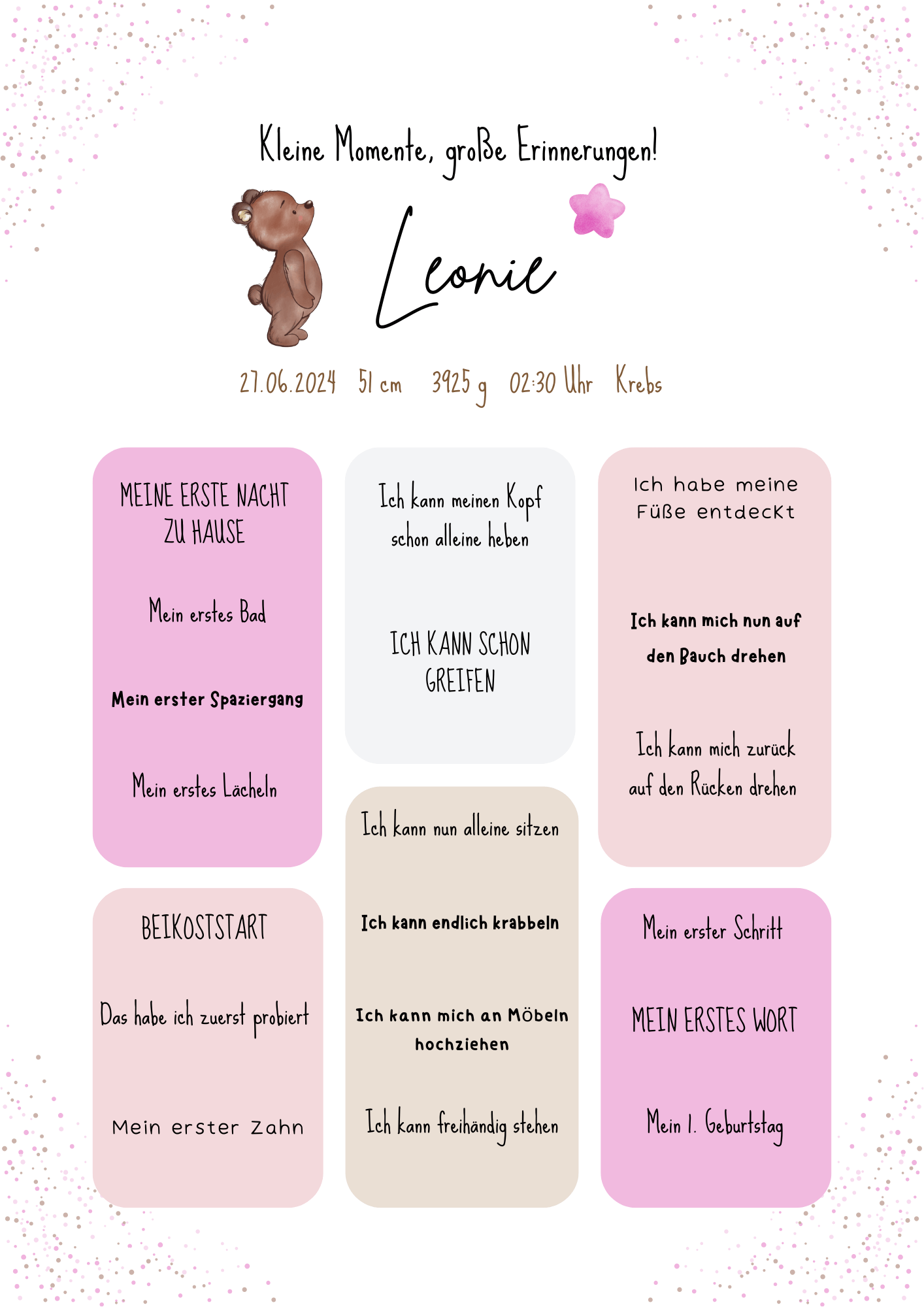 Personalisiertes Meilensteinposter für Babys mit Name, Geburtsdaten und Entwicklungsschritten – liebevoll gestaltetes Geschenk zur Geburt im Bärendesign
