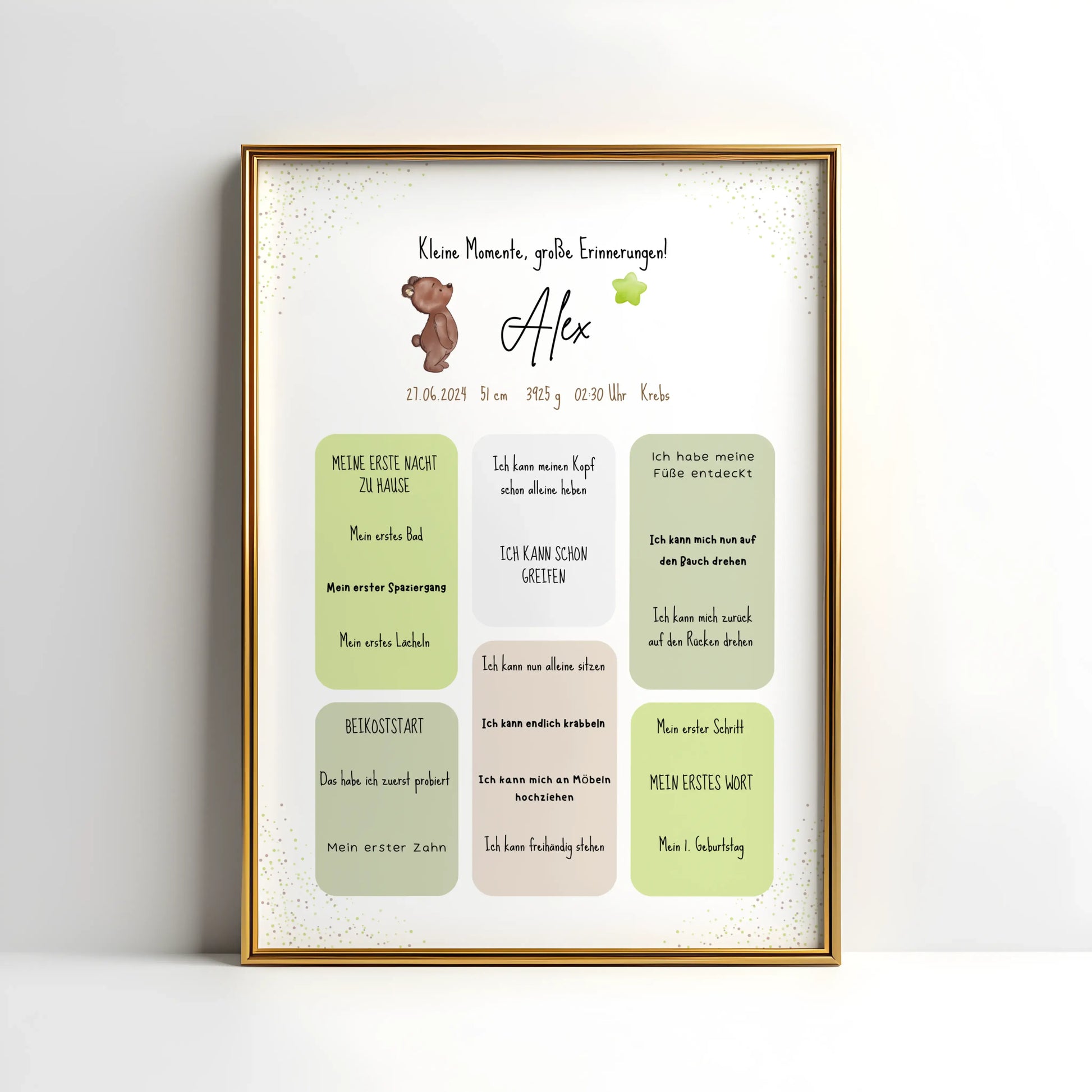 Personalisiertes Meilensteinposter für Babys mit Name, Geburtsdaten und Entwicklungsschritten – liebevoll gestaltetes Geschenk zur Geburt im Bärendesign