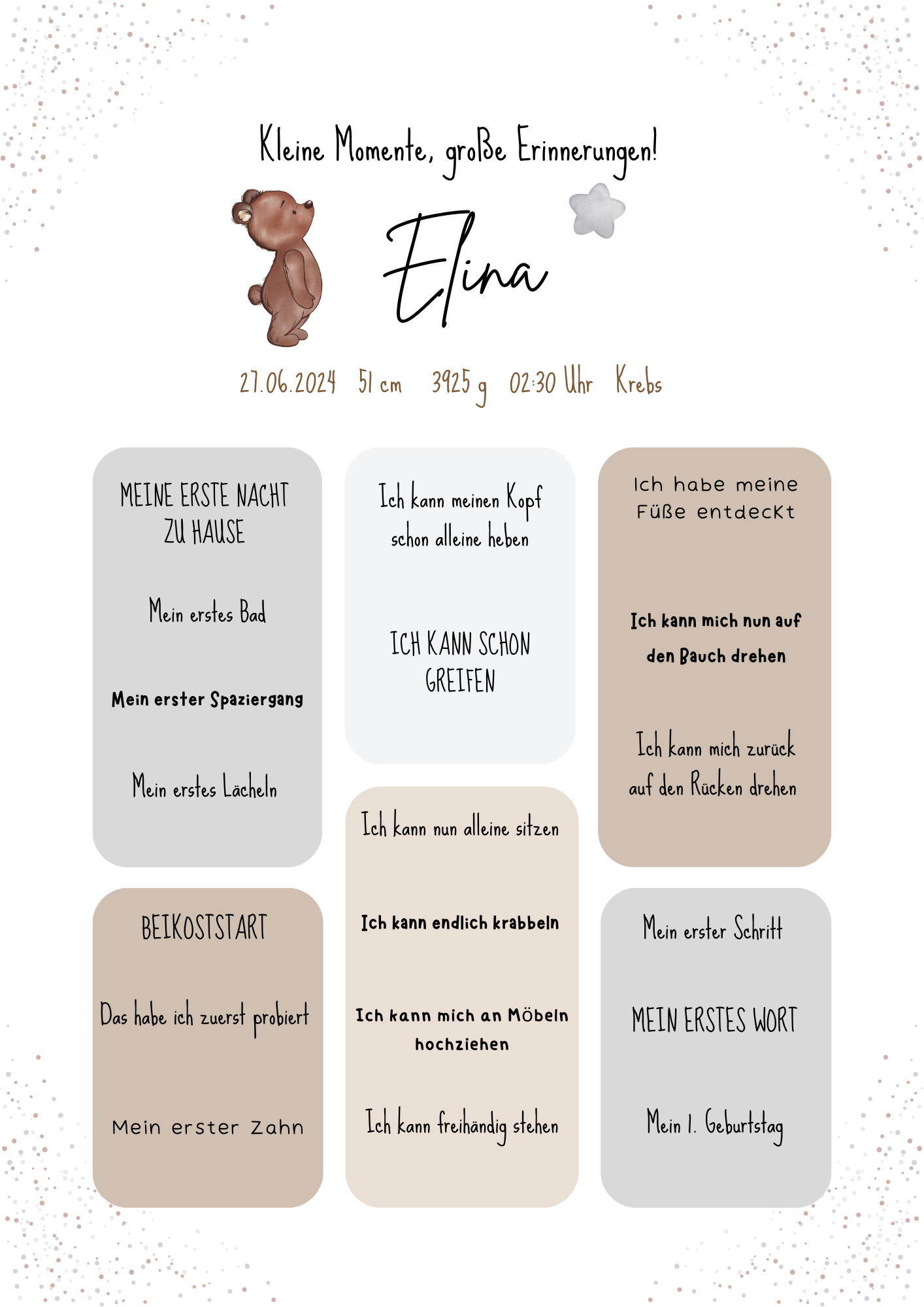 Personalisiertes Meilensteinposter für Babys mit Name, Geburtsdaten und Entwicklungsschritten – liebevoll gestaltetes Geschenk zur Geburt im Bärendesign