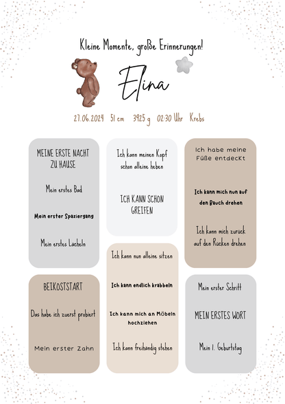 Personalisiertes Meilensteinposter für Babys mit Name, Geburtsdaten und Entwicklungsschritten – liebevoll gestaltetes Geschenk zur Geburt im Bärendesign