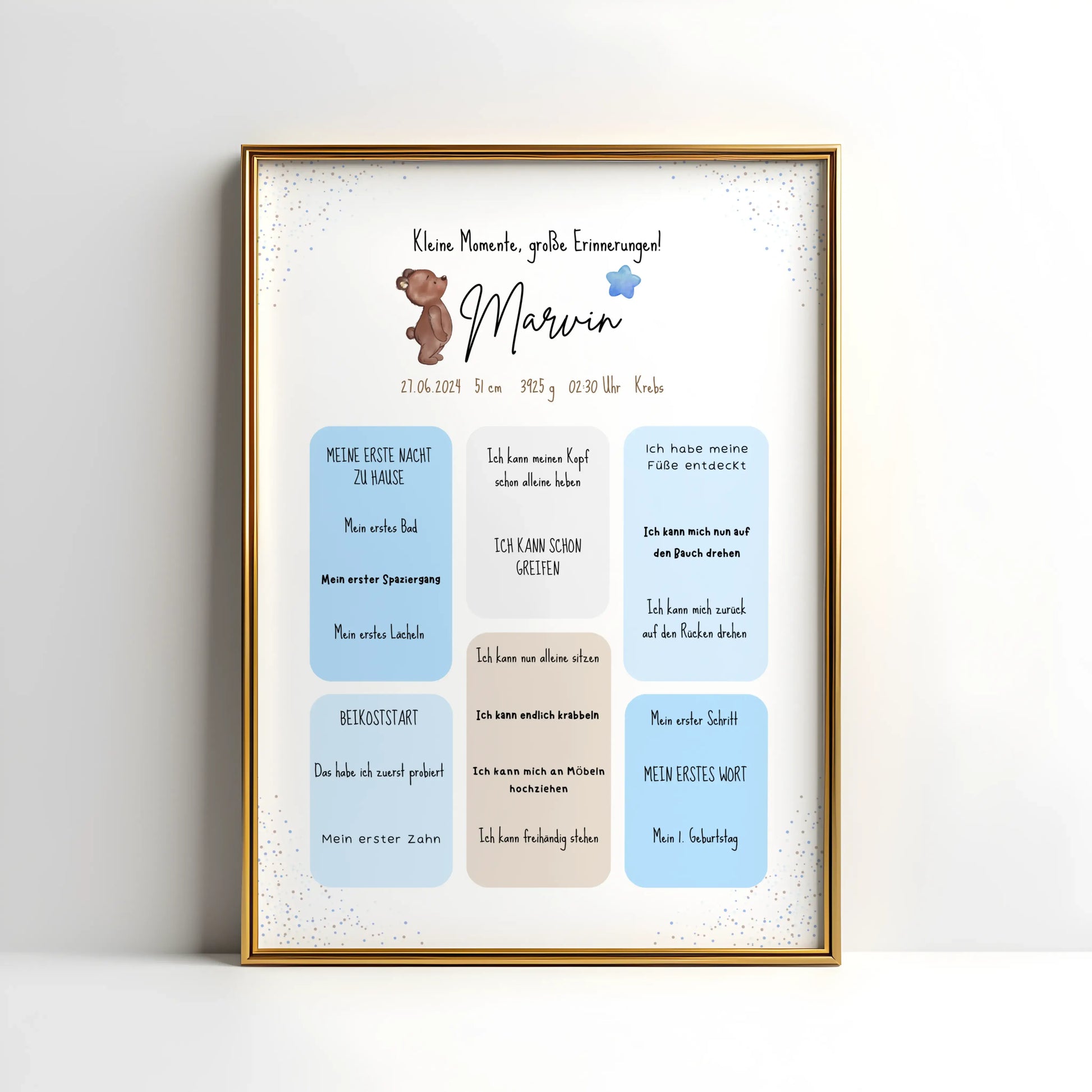 Personalisiertes Meilensteinposter für Babys mit Name, Geburtsdaten und Entwicklungsschritten – liebevoll gestaltetes Geschenk zur Geburt im Bärendesign