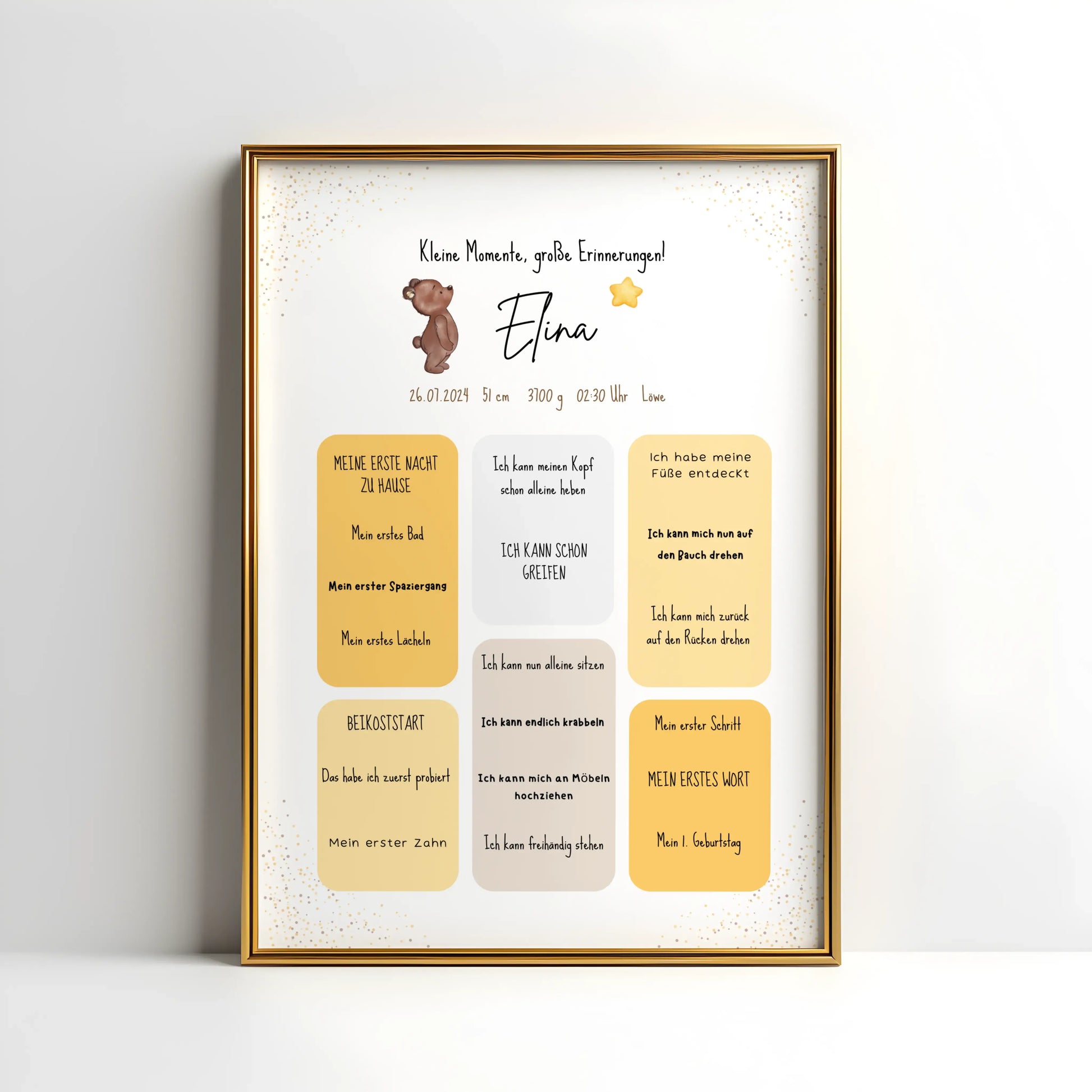 Personalisiertes Meilensteinposter für Babys mit Name, Geburtsdaten und Entwicklungsschritten – liebevoll gestaltetes Geschenk zur Geburt im Bärendesign