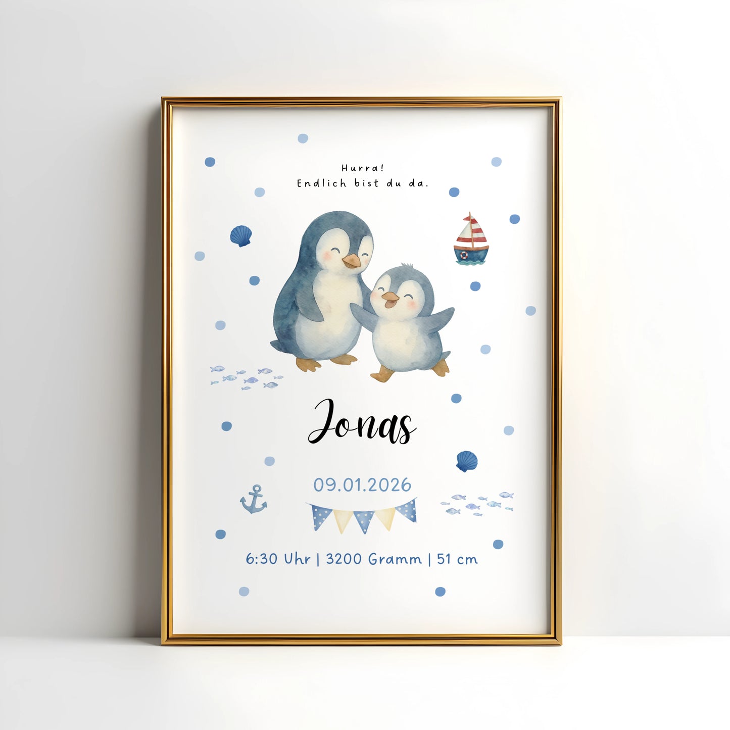 Personalisiertes Geburtsposter mit Pinguin Mama und Baby fürs Kinderzimmer
