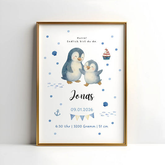 Personalisiertes Geburtsposter mit Pinguin Mama und Baby fürs Kinderzimmer