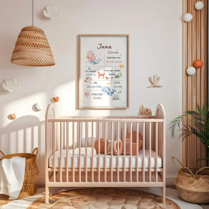Personalisiertes Geburtsposter Meerjungfrau mit Meerestieren in einem babyfreundlichen Kinderzimmer