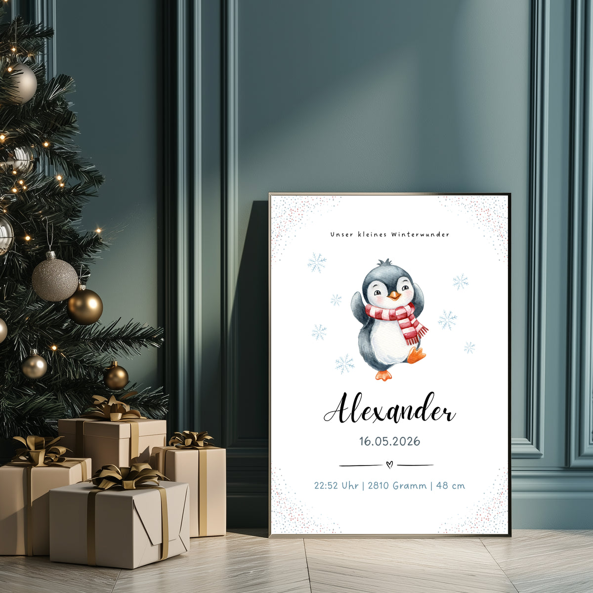 Weihnachtliches personalisiertes Geburtsposter Winterbaby mit Pinguin 